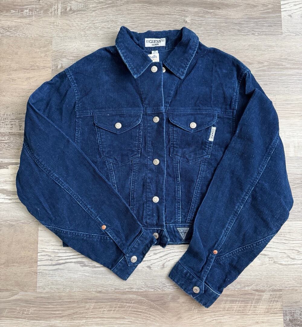 Vintage 90s GUESS Denim Corduroy Jacket Medium Navy Blue NWT Hong Kong Deadstock